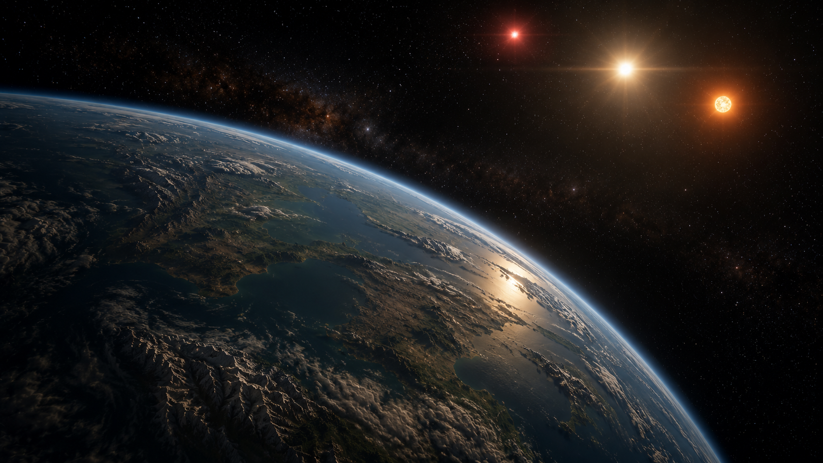 A photo of the planet from space, showing off the triple star system it's in.